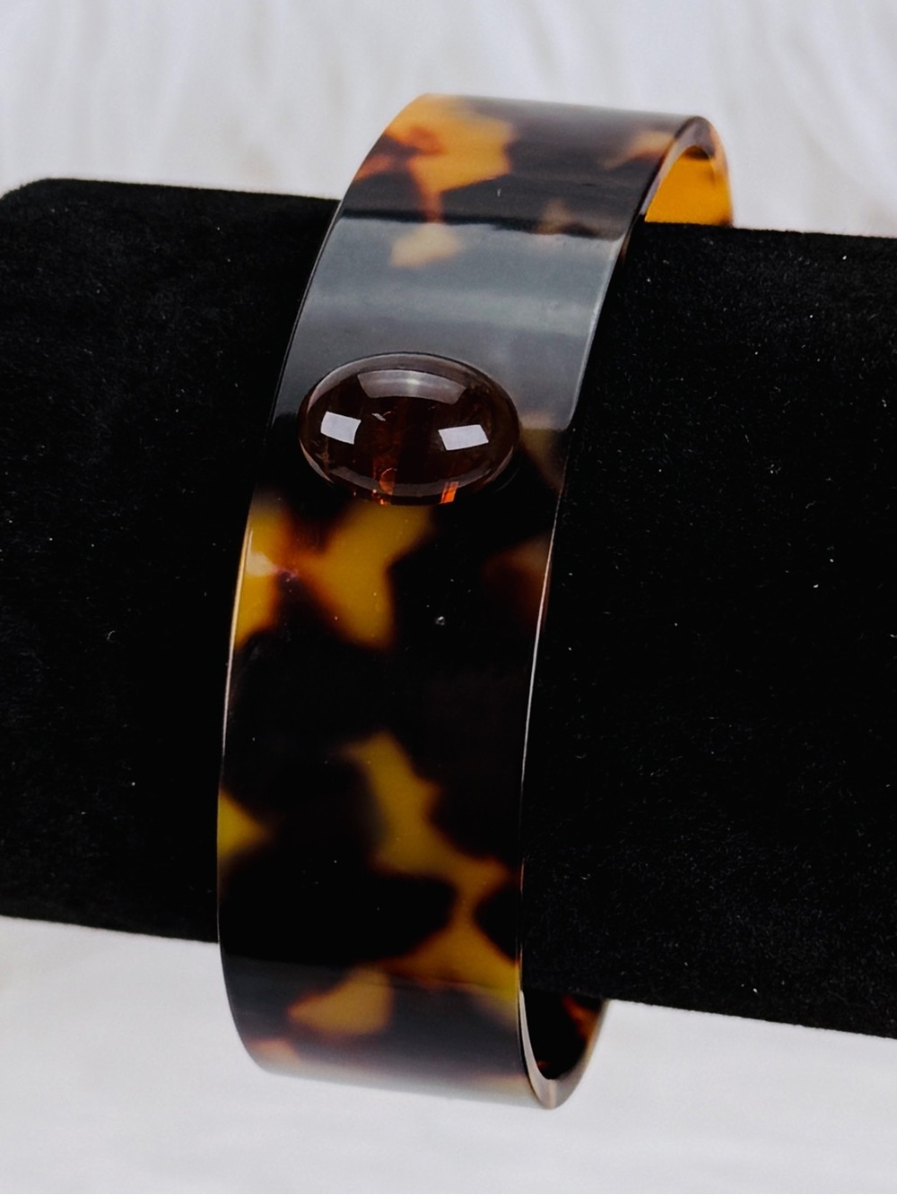 Vintage Tortoise Pattern Open Cuff Bracelet Brown Domed Accent Wide Statement